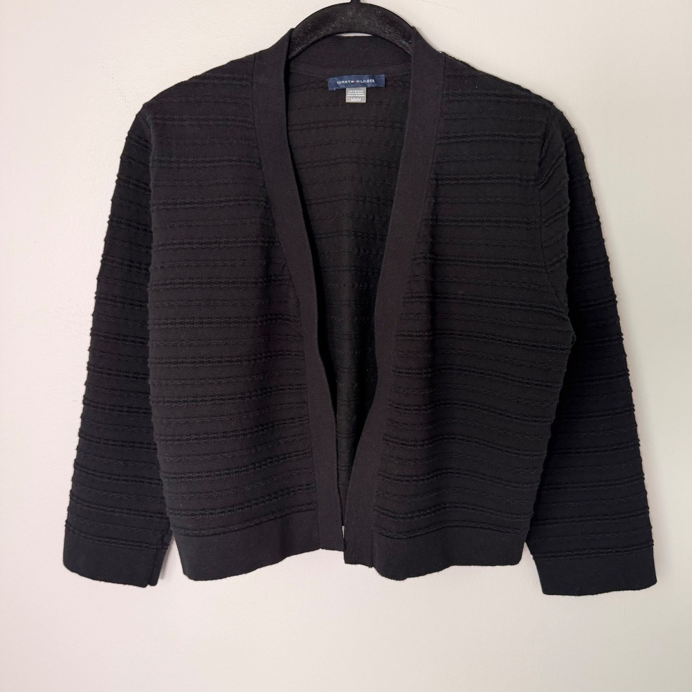 Tommy Hilfiger Black Textured Knit Shrug (MED) Minimal Casual Chic Sweater Crop‎ - Picture 2 of 14